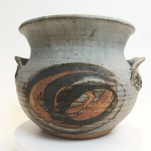 Signed Studio Stoneware Pot Gray MCM Abstract Round w Handles 7.5"x 5.5" Pottery
